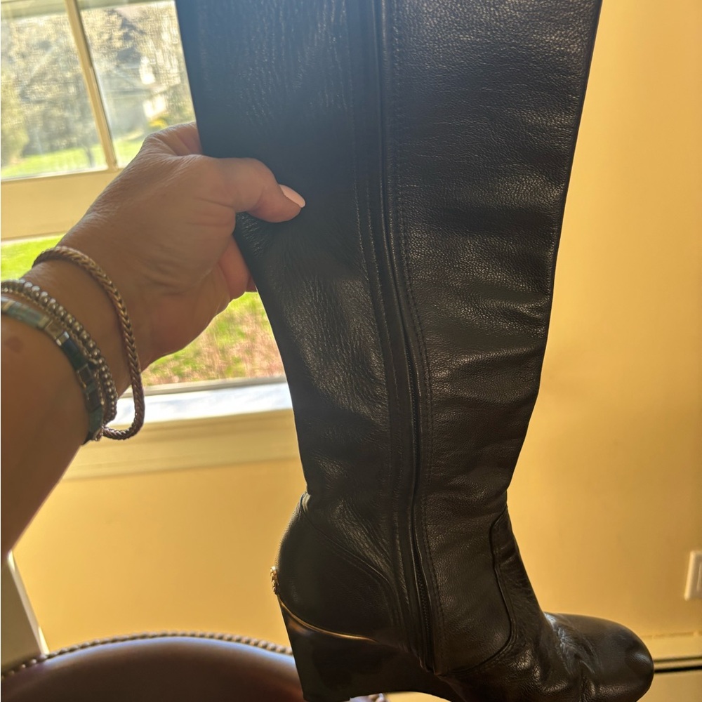 Tory Burch Black Leather Wedge Knee-High Boots